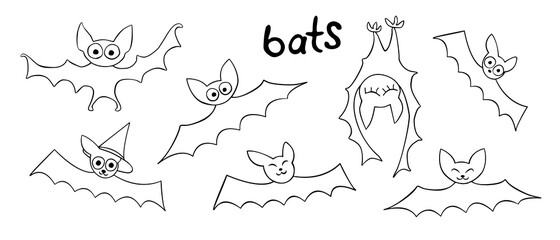 Vector cute outline bats hand drawn in cartoon doodle style. Black contour illustration isolated on white background. For Halloween design, greeting card, children coloring pages