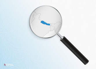 Magnifier with map of Nepal on abstract topographic background.