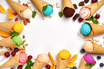 Assorted of ice cream in cones on white background. Colorful set of ice cream of different flavours. Ice cream isolated with nuts, fruits and berries. - 437367934