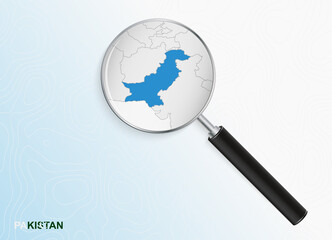 Magnifier with map of Pakistan on abstract topographic background.