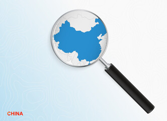 Magnifier with map of China on abstract topographic background.