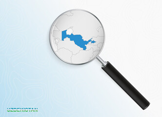Magnifier with map of Uzbekistan on abstract topographic background.