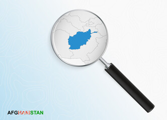 Magnifier with map of Afghanistan on abstract topographic background.