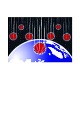 Illustration, red covid 19 virus is falling on earth, satirizing the atmosphere on earth, 
white lines, many images of stars, open background. 