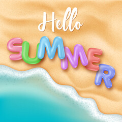 Summer background design concept with 3d text on a sand beach