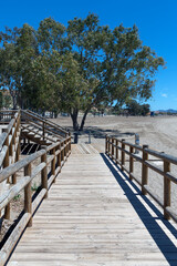 Obraz na płótnie Canvas Ramp with a wooden railing, which goes down to the lonely beach of Bolnuevo. Mazarron, Murcia, Spain