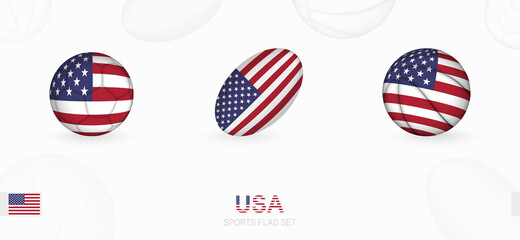Sports icons for football, rugby and basketball with the flag of USA.