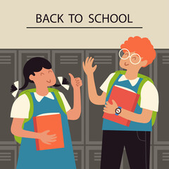 Vector colorful illustration on the theme of school, study. Students are happy with the start of the academic year. Cartoon flat background for use in design