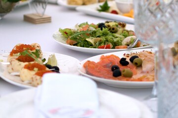 gourmet appetizing salads and seafood snacks on the festive table