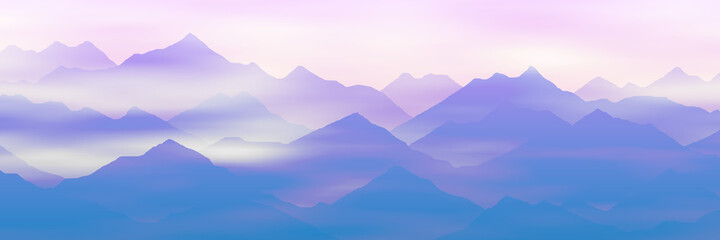 Fototapeta na wymiar Mountain peaks above the clouds, morning fog. Vector illustration, banner. 