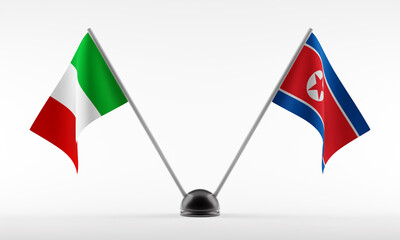 Stand with two national flags. Flags of Italy and North Korea. Isolated on a white background. 3d rendering