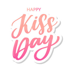 Kiss me greeting card, poster with pink hand drawn watercolor lips. Vector background with ink hand lettering.