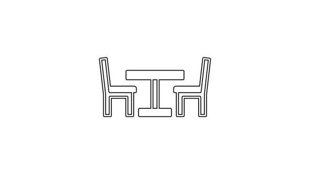 Black line Wooden table with chair icon isolated on white background. Street cafe. 4K Video motion graphic animation