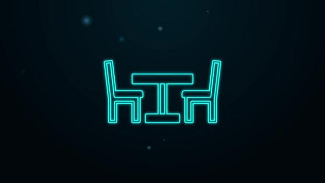 Glowing neon line Wooden table with chair icon isolated on black background. Street cafe. 4K Video motion graphic animation