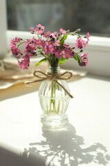 Beautiful pink forget-me-not flowers in glass bottle on window sill