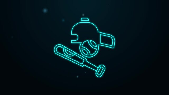 Glowing neon line Baseball bat with ball, hat icon isolated on black background. 4K Video motion graphic animation