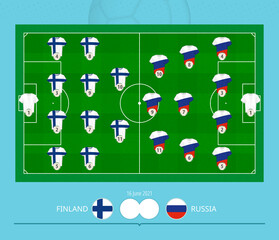 Football match Finland versus Russia, teams preferred lineup system on football field.