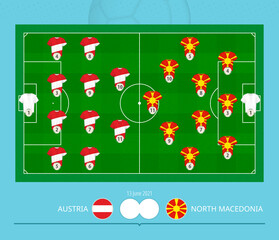 Football match Austria versus North Macedonia, teams preferred lineup system on football field.