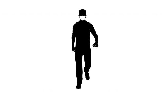 Silhouette of man with mask walking forward, isolated on white background, animation in 4K prores