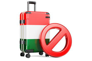 Hungary Entry Ban. Suitcase with Hungarian flag and prohibition sign. 3D rendering