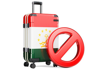 Tajikistan Entry Ban. Suitcase with Tajik flag and prohibition sign. 3D rendering