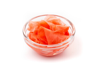 Marinated ginger slices, isolated on white background. High resolution image