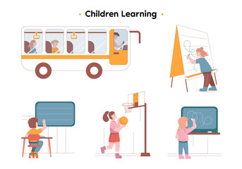 Children on a big yellow bus go to school. A young boy raises his hand at school. little girl with pigtails draws with chalk on a blackboard. A girl with yellow ball playing basketball.