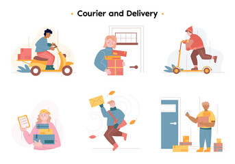 Young postman riding a scooter. Male character with parcels at the door. A guy with a big letter in his hands. Fast delivery of parcels by courier to the door. A girl stands at the door with a package