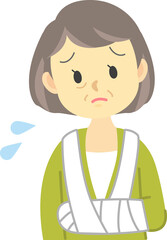 イラスト素材：ケガシリーズ　年配女性が骨折で包帯を巻いた困った表情の姿
