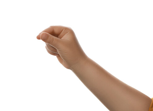 Little child against white background, closeup on hand