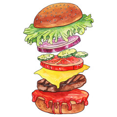 delicious watercolor illustration burger with cutlet tomato lettuce cucumber onion ketchup disassembled