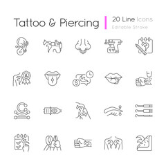 Tattoo and piercing linear icons set. Creating beautiful pictures on human skin. Professional tools. Customizable thin line contour symbols. Isolated vector outline illustrations. Editable stroke