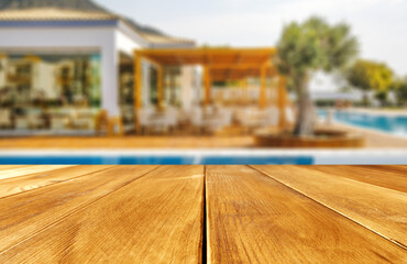 Wooden desk of free space for your decoration and summer swimming pool. 