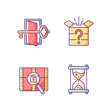 Puzzle RGB color icons set. Find key to get out. Mystery box. Time countdown. Clues for riddle. Part of mystery quest. Isolated vector illustrations. Escape room simple filled line drawings collection