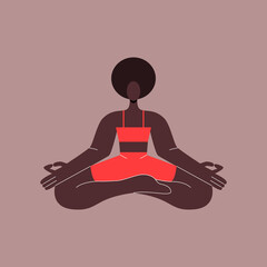 Young African American girl doing meditation. Black woman in the lotus Yoga pose. Healthy lifestyle. Vector illustration in flat style. Eps 10