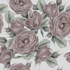 Bright seamless pattern with flowers. Rose. Watercolor illustration. Hand drawn. - 437376318