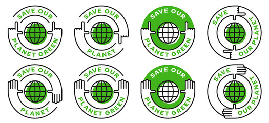 Set of conceptual environmental stamps, logos. Human nature conservation symbol. A call to keep our planet green. Vector elements.