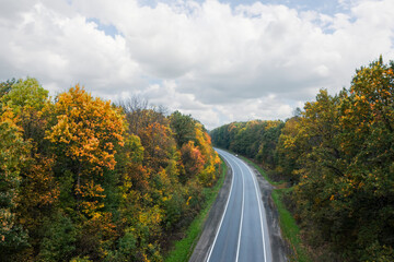 Aerial view of road going through beautiful autumn forest