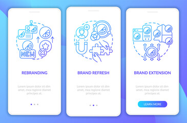 Brand redesign onboarding mobile app page screen with concepts. Rebranding, brand refresh walkthrough 3 steps graphic instructions. UI, UX, GUI vector template with linear color illustrations