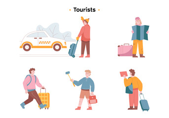Tourists traveling with backpacks and bags, suitcases. A guy with a backpack takes pictures of himself on a selfie stick. A girl with a suitcase looks at a large map. The guy is catching a taxi. Flat