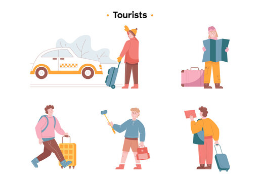 Tourists traveling with backpacks and bags, suitcases. A guy with a backpack takes pictures of himself on a selfie stick. A girl with a suitcase looks at a large map. The guy is catching a taxi. Flat