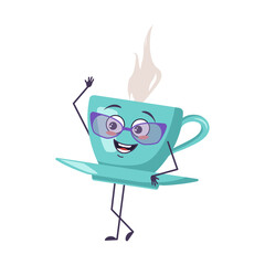 Cute cup of tea character with glasses and joyful emotions, smiling face, happy eyes, arms and legs. A mischievous mug with a saucer for a cafe. Vector flat illustration