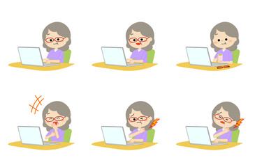 パソコンを使う高齢女性のセット