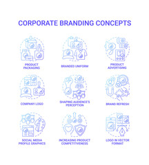 Corporate branding concept icons set. Shaping audience perception idea thin line color illustrations. Company logo. Branded uniform. Social media profile graphics. Vector isolated outline drawings
