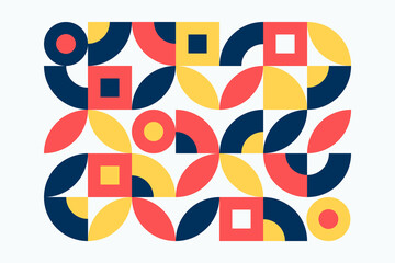 Geometric pattern design of Scandinavian abstract color background with Swiss geometry prints of vector rectangles, squares and circles pattern