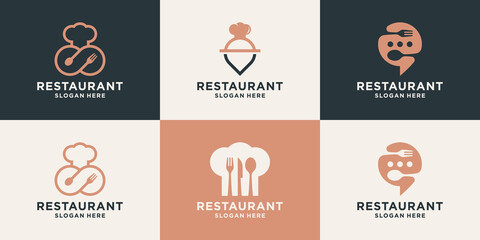 Set of creative restaurant logo design template. Food logo with combine icons infinity, pin location, talk, chef hat, fork, spoon.