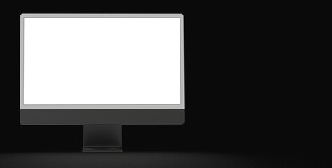 Computer display mock up with blank white screen. Stylish desktop computer mockup. dark