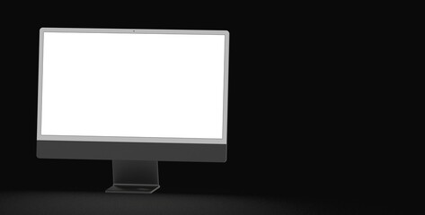 Computer display mock up with blank white screen. Stylish desktop computer mockup. dark