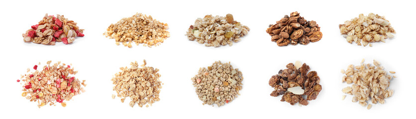 Set with different delicious granola on white background. Banner design