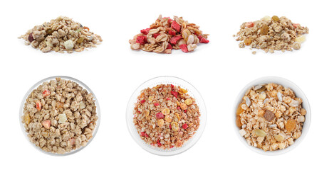 Set with different delicious granola on white background. Banner design